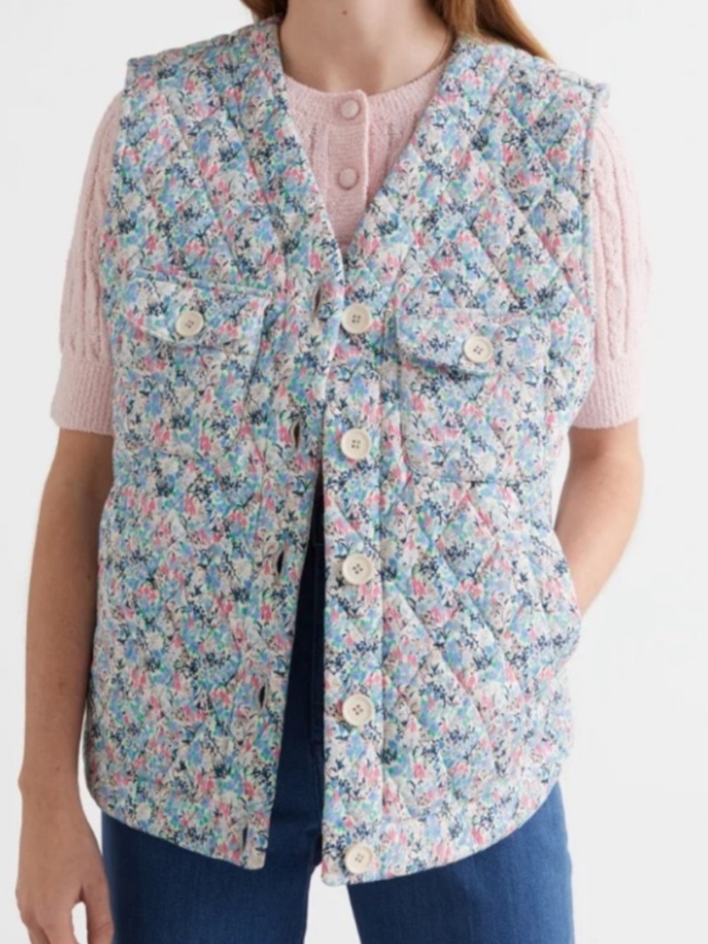& Other Stories Cream Quilted Floral-Trim Vest with Pastel Print - Picture 11 of 11